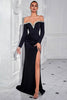 Load image into Gallery viewer, Sparkly Black Mermaid Beaded Off the Shoulder Long Sleeves Prom Dress with Slit