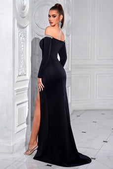 Sparkly Black Mermaid Beaded Off the Shoulder Long Sleeves Prom Dress with Slit
