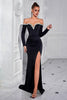 Load image into Gallery viewer, Sparkly Black Mermaid Beaded Off the Shoulder Long Sleeves Prom Dress with Slit
