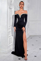 Load image into Gallery viewer, Sparkly Black Mermaid Beaded Off the Shoulder Long Sleeves Prom Dress with Slit