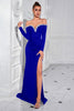 Load image into Gallery viewer, Sparkly Black Mermaid Beaded Off the Shoulder Long Sleeves Prom Dress with Slit