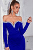Load image into Gallery viewer, Sparkly Black Mermaid Beaded Off the Shoulder Long Sleeves Prom Dress with Slit
