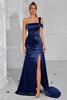 Load image into Gallery viewer, Navy Mermaid Satin One Shoulder Ruched Long Prom Dress with Slit
