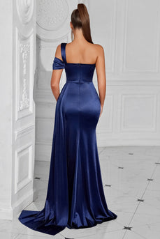 Navy Mermaid Satin One Shoulder Ruched Long Prom Dress with Slit