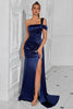 Load image into Gallery viewer, Navy Mermaid Satin One Shoulder Ruched Long Prom Dress with Slit
