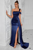 Load image into Gallery viewer, Navy Mermaid Satin One Shoulder Ruched Long Prom Dress with Slit