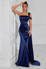 Load image into Gallery viewer, Navy Mermaid Satin One Shoulder Ruched Long Prom Dress with Slit