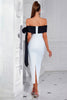 Load image into Gallery viewer, White and Black Satin Mermaid Off the Shoulder Long Prom Dress with Slit