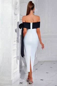 White and Black Satin Mermaid Off the Shoulder Long Prom Dress with Slit