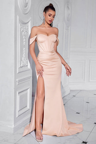 Blush Mermaid Satin Off the Shoulder Long Corset Prom Dress with Slit