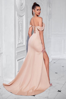 Blush Mermaid Satin Off the Shoulder Long Corset Prom Dress with Slit