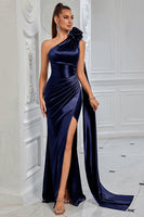 Load image into Gallery viewer, Navy Satin Mermaid One Shoulder Ruched Long Prom Dress with Side Cape