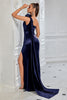 Load image into Gallery viewer, Navy Satin Mermaid One Shoulder Ruched Long Prom Dress with Side Cape