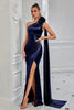 Load image into Gallery viewer, Navy Satin Mermaid One Shoulder Ruched Long Prom Dress with Side Cape