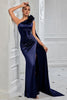 Load image into Gallery viewer, Navy Satin Mermaid One Shoulder Ruched Long Prom Dress with Side Cape