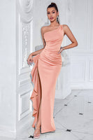 Load image into Gallery viewer, Black Mermaid Ruffled Satin One Shoulder Long Prom Dress with Slit