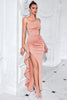 Load image into Gallery viewer, Black Mermaid Ruffled Satin One Shoulder Long Prom Dress with Slit