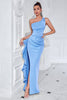 Load image into Gallery viewer, Black Mermaid Ruffled Satin One Shoulder Long Prom Dress with Slit
