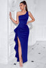 Load image into Gallery viewer, Black Mermaid Ruffled Satin One Shoulder Long Prom Dress with Slit