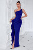 Load image into Gallery viewer, Black Mermaid Ruffled Satin One Shoulder Long Prom Dress with Slit