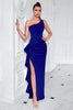 Load image into Gallery viewer, Black Mermaid Ruffled Satin One Shoulder Long Prom Dress with Slit