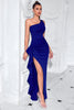 Load image into Gallery viewer, Black Mermaid Ruffled Satin One Shoulder Long Prom Dress with Slit