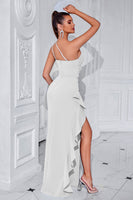 Load image into Gallery viewer, Black Mermaid Ruffled Satin One Shoulder Long Prom Dress with Slit