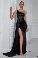 Load image into Gallery viewer, Sparkly Black Satin One Shoulder Mermaid Long Prom Dress with Slit