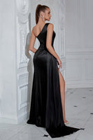 Load image into Gallery viewer, Sparkly Black Satin One Shoulder Mermaid Long Prom Dress with Slit