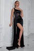 Load image into Gallery viewer, Sparkly Black Satin One Shoulder Mermaid Long Prom Dress with Slit