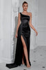 Load image into Gallery viewer, Sparkly Black Satin One Shoulder Mermaid Long Prom Dress with Slit