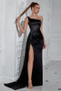 Load image into Gallery viewer, Sparkly Black Satin One Shoulder Mermaid Long Prom Dress with Slit