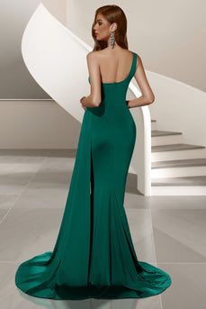Dark Green Mermaid Satin Ruched One Shoulder Long Prom Dress with Side Cape