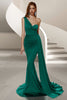 Load image into Gallery viewer, Dark Green Mermaid Satin Ruched One Shoulder Long Prom Dress with Side Cape