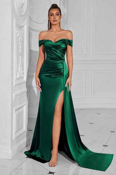 Dark Green Satin Off The Shoulder Mermaid Ruched Long Prom Dress with Slit