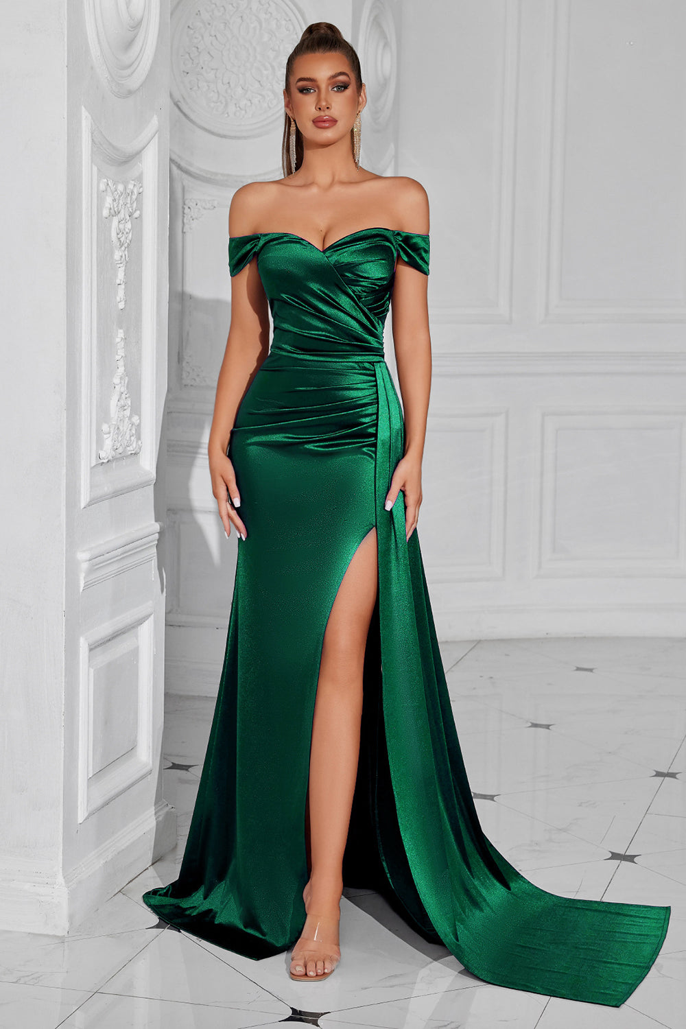 Dark Green Satin Off The Shoulder Mermaid Ruched Long Prom Dress with Slit