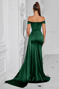 Dark Green Satin Off The Shoulder Mermaid Ruched Long Prom Dress with Slit