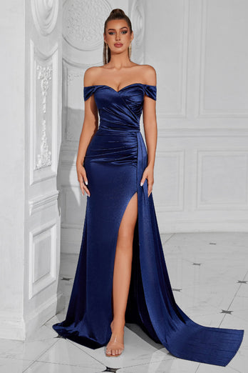 Dark Green Satin Off The Shoulder Mermaid Ruched Long Prom Dress with Slit