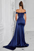 Load image into Gallery viewer, Dark Green Satin Off The Shoulder Mermaid Ruched Long Prom Dress with Slit