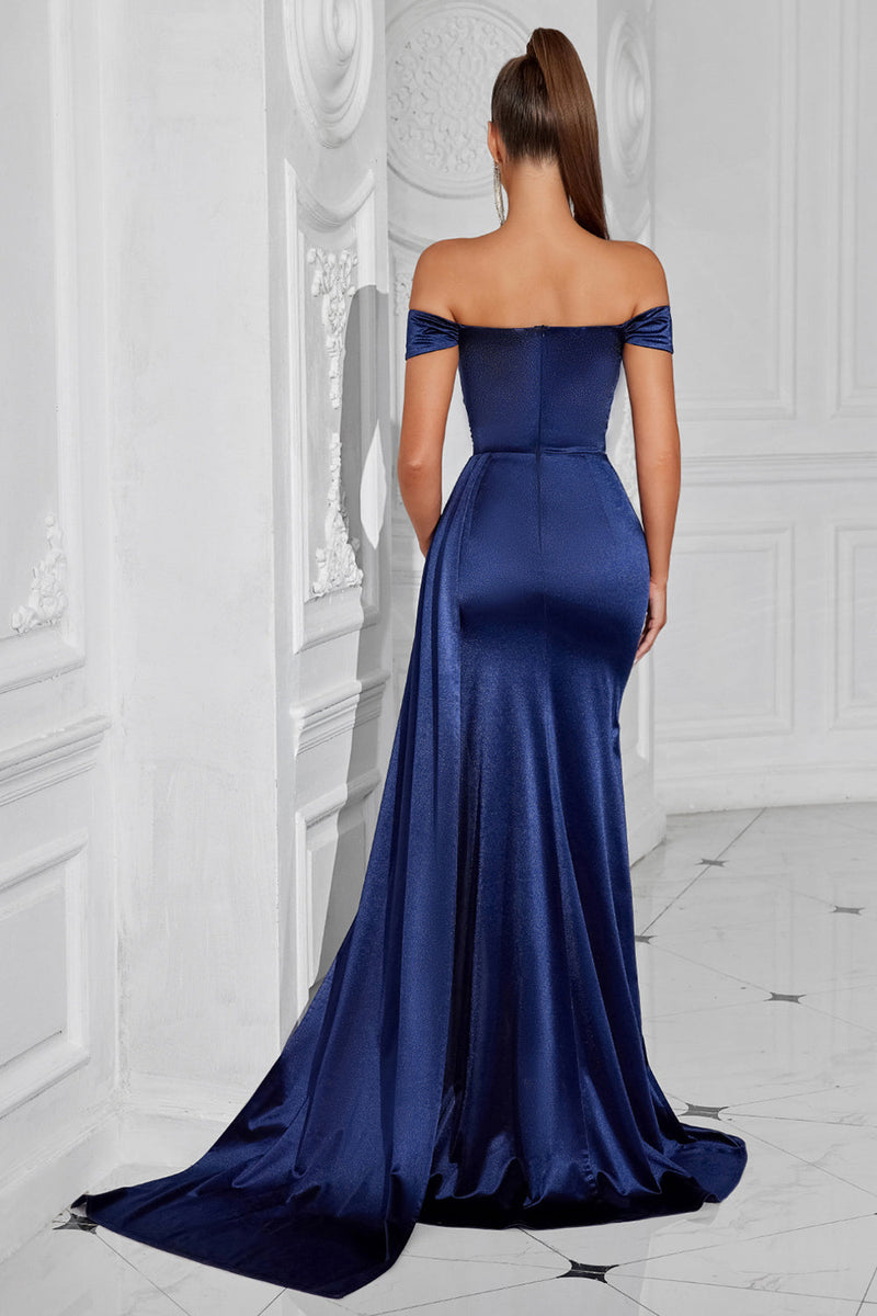 Load image into Gallery viewer, Dark Green Satin Off The Shoulder Mermaid Ruched Long Prom Dress with Slit
