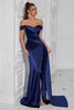 Load image into Gallery viewer, Dark Green Satin Off The Shoulder Mermaid Ruched Long Prom Dress with Slit