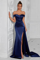 Load image into Gallery viewer, Dark Green Satin Off The Shoulder Mermaid Ruched Long Prom Dress with Slit