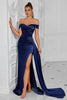Load image into Gallery viewer, Dark Green Satin Off The Shoulder Mermaid Ruched Long Prom Dress with Slit