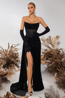 Load image into Gallery viewer, Black Velvet Sheath Ruched Strapless Long Corset Holiday Party Dress with Slit
