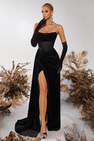 Load image into Gallery viewer, Black Velvet Sheath Ruched Strapless Long Corset Holiday Party Dress with Slit