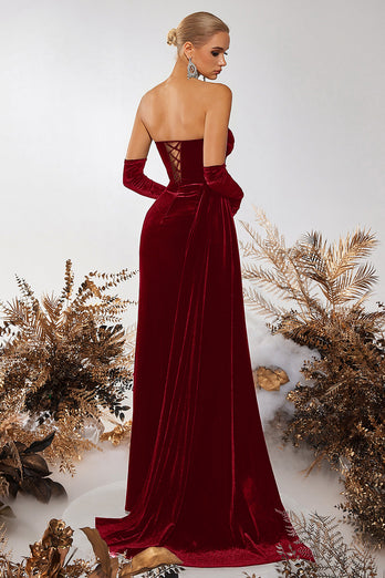 Black Velvet Sheath Ruched Strapless Long Corset Holiday Party Dress with Slit
