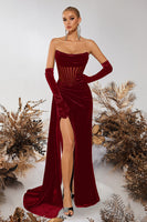 Load image into Gallery viewer, Black Velvet Sheath Ruched Strapless Long Corset Holiday Party Dress with Slit