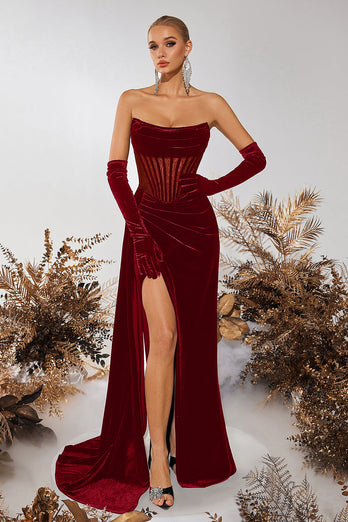 Black Velvet Sheath Ruched Strapless Long Corset Holiday Party Dress with Slit
