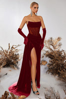 Load image into Gallery viewer, Black Velvet Sheath Ruched Strapless Long Corset Holiday Party Dress with Slit
