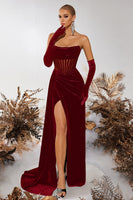 Load image into Gallery viewer, Black Velvet Sheath Ruched Strapless Long Corset Holiday Party Dress with Slit